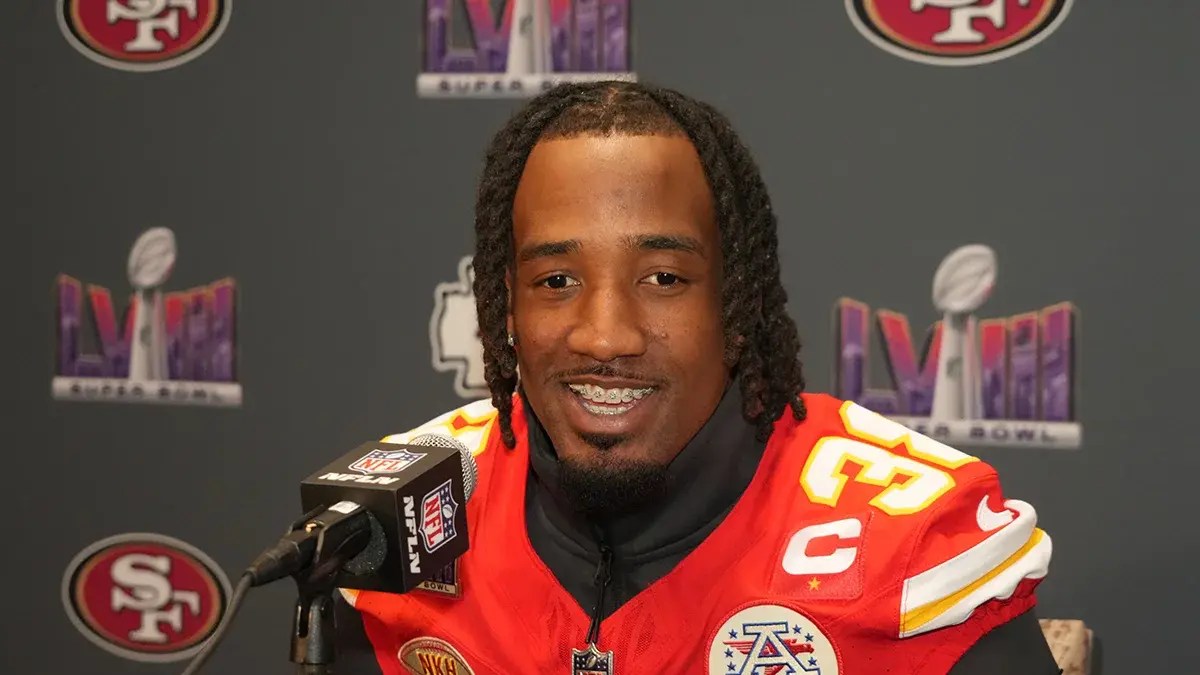 Kansas City Chiefs cornerback L'Jarius Sneed (38) during a press conference before Super Bowl LVIII at Westin Lake Las Vegas Resort and Spa.