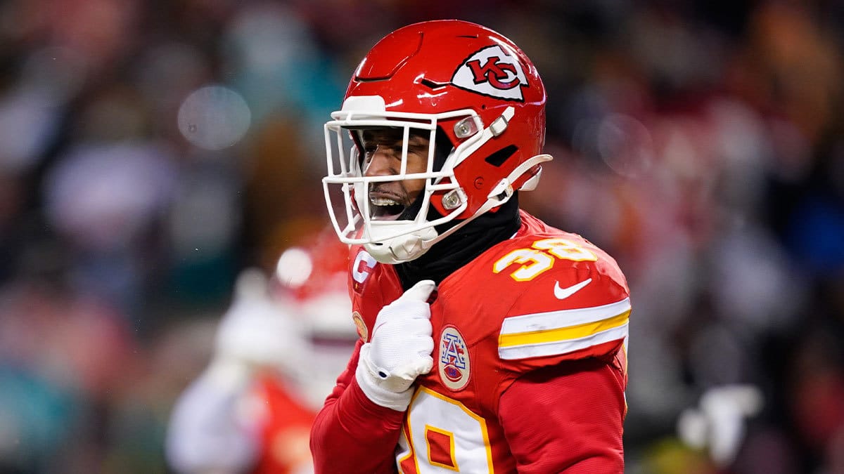 Kansas City Chiefs cornerback L'Jarius Sneed (38) reacts against the Miami Dolphins during the first half of the 2024 AFC wild card game at GEHA Field at Arrowhead Stadium.