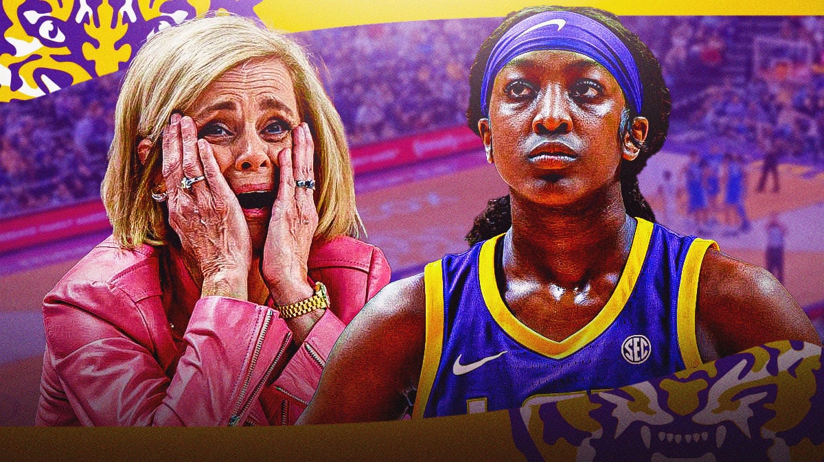 Kim Mulkey alongside Flau'jae Johnson with the LSU arena in the background, South Carolina fight
