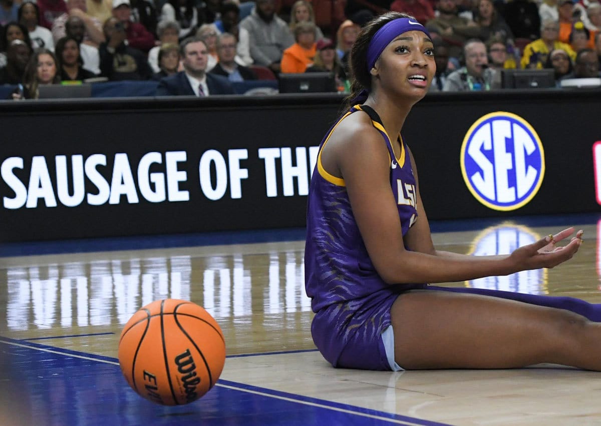 Louisiana State University forward Angel Reese (10) reacts after the ball went out of bounds playing USC during the fourth quarter of the SEC Women's Basketball Tournament Championship game