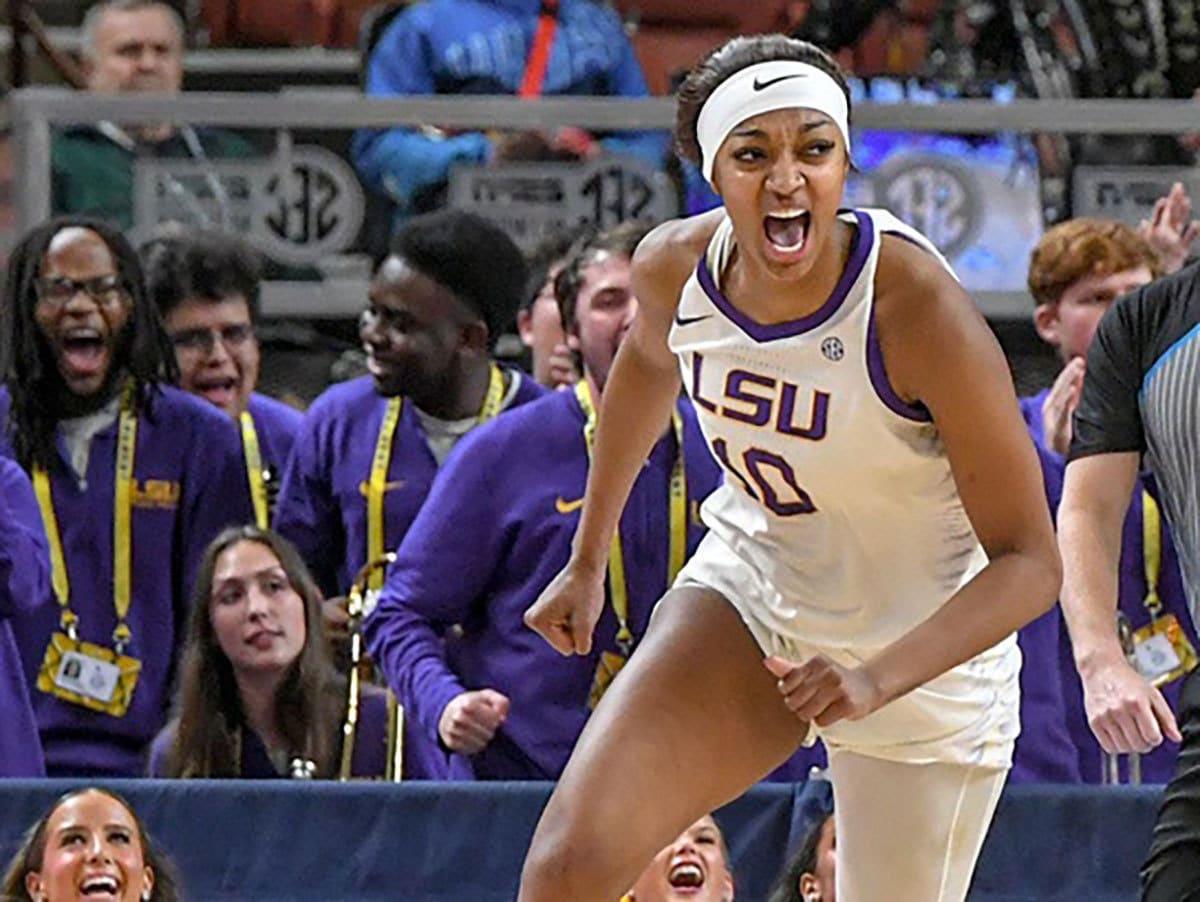 Louisiana State University forward Angel Reese (10) reacts after scoring against Ole Miss during the fourth quarter of the SEC Women's Basketball Tournament game