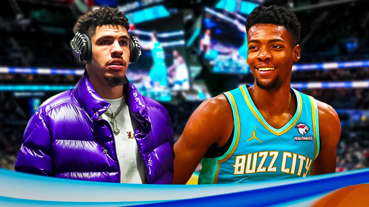 LaMelo Ball in street clothes. Brandon Miller in Hornets uniform