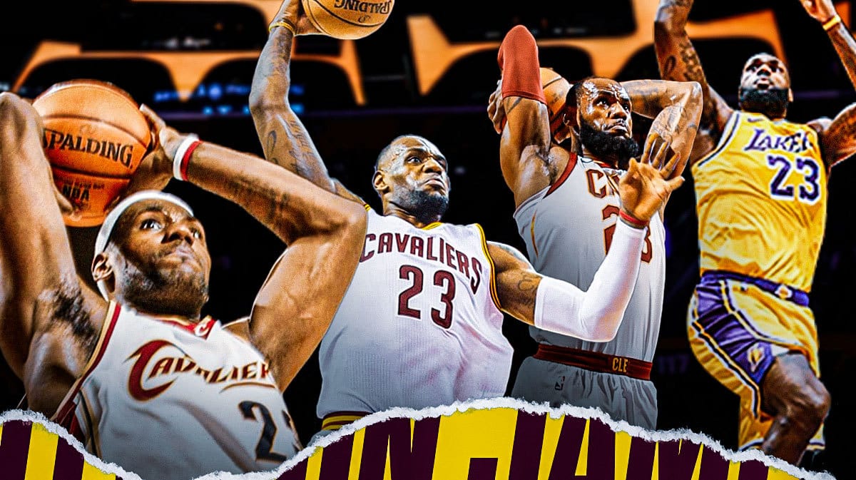 From left to right → four different pictures of LeBron James dunking, 2007 Cavs version → 2016 Cavs version → 2018 Cavs version → 2024 Lakers version