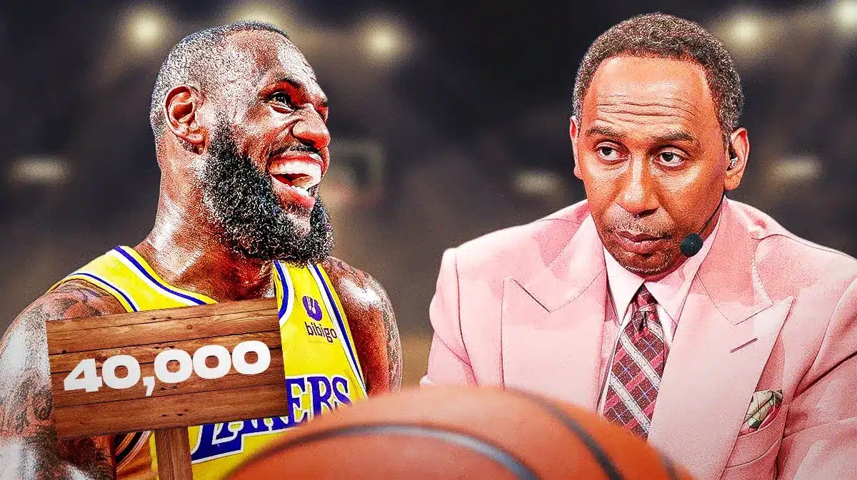 Lakers' LeBron James on the left, with 40,000 points sign. On the right, Stephen A. Smith looking somber.