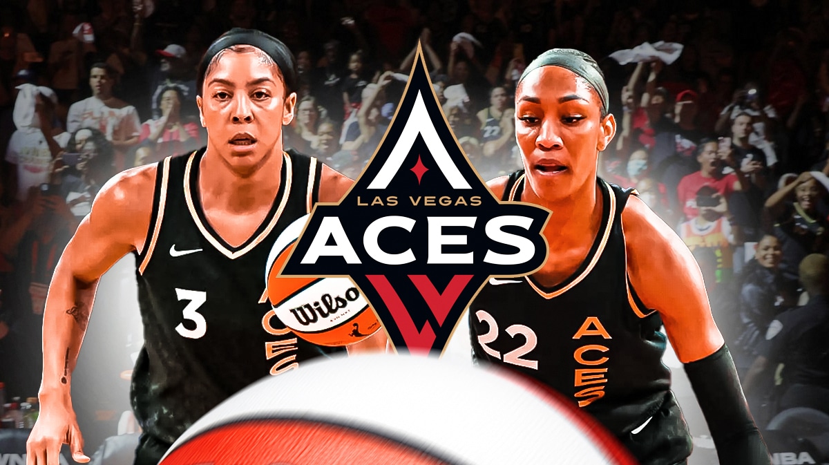 The WNBA Las Vegas Aces logo, with Candace Parker and A’ja Wilson on either side, with a cheering crowd