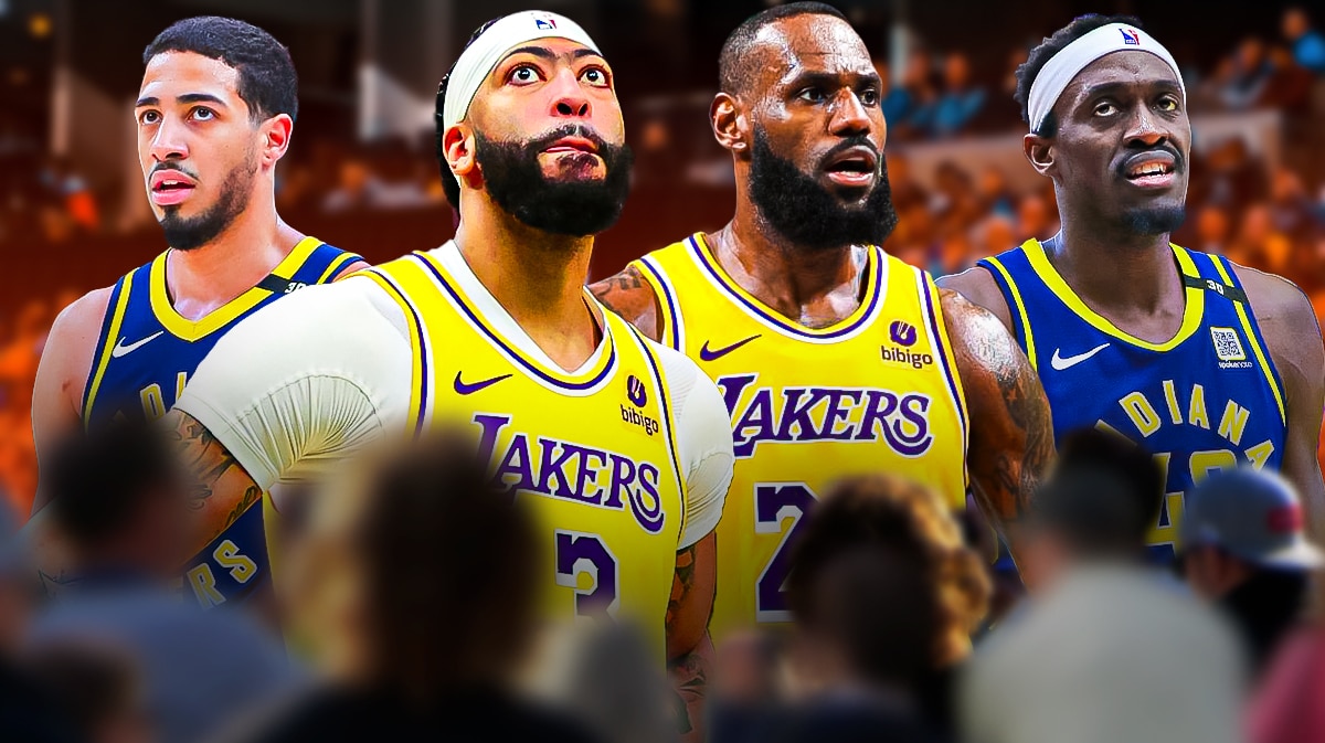 Lakers' Anthony Davis and LeBron James with Pacers' Tyrese Haliburton and Pascal Siakam