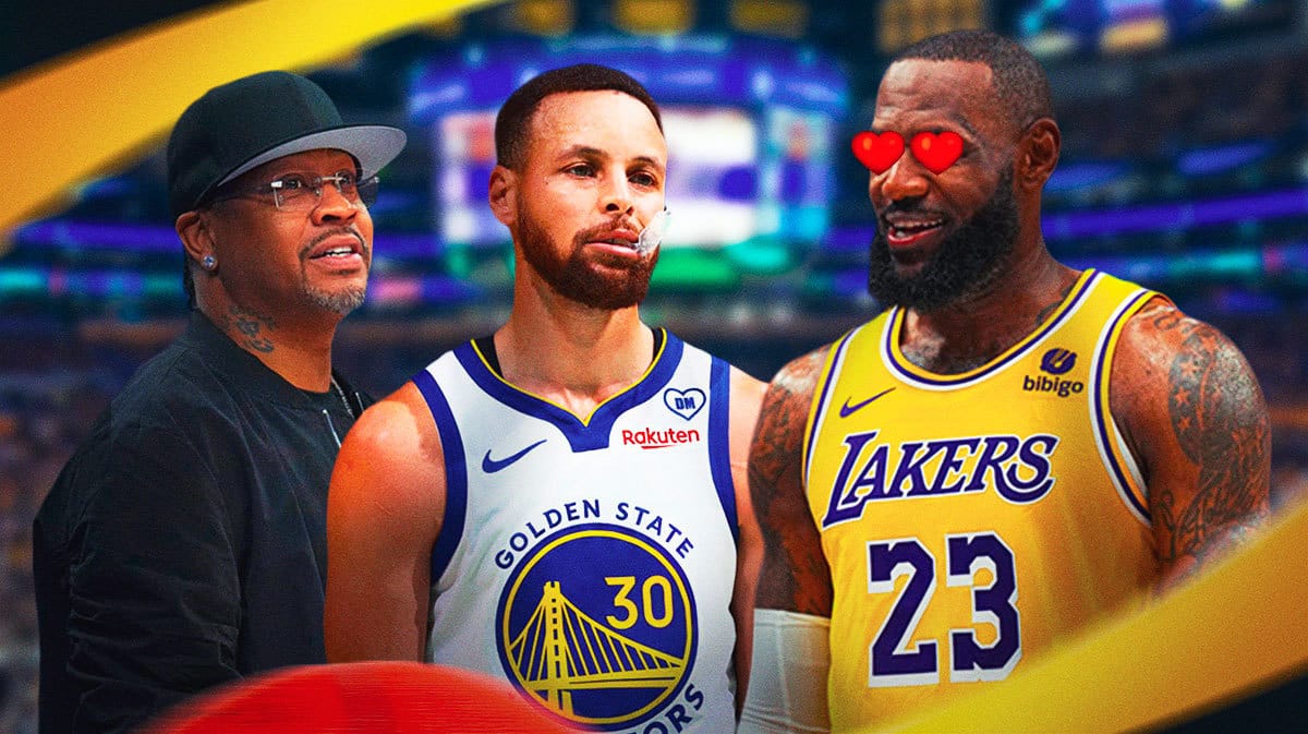 LeBron James with heart eyes looking at Stephen Curry and Allen Iverson