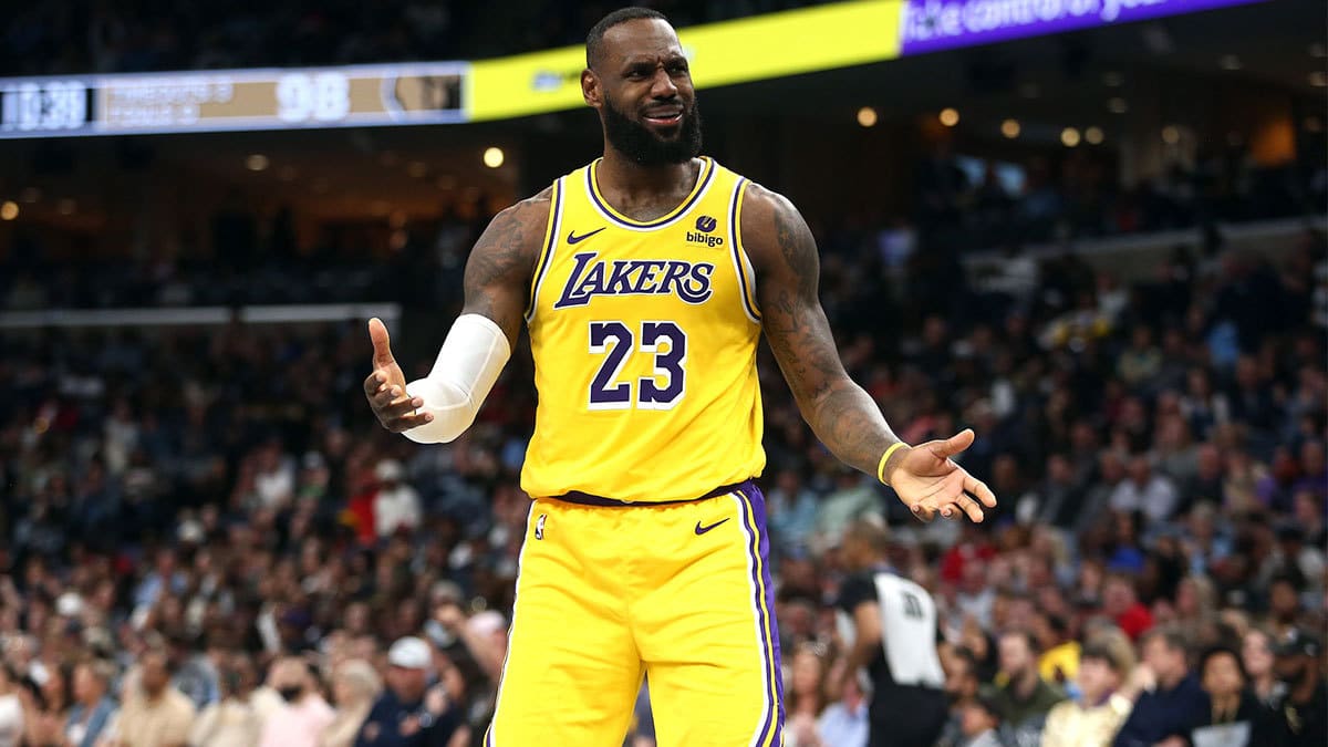 Los Angeles Lakers forward LeBron James (23) reacts during the second half against the Memphis Grizzlies at FedExForum.