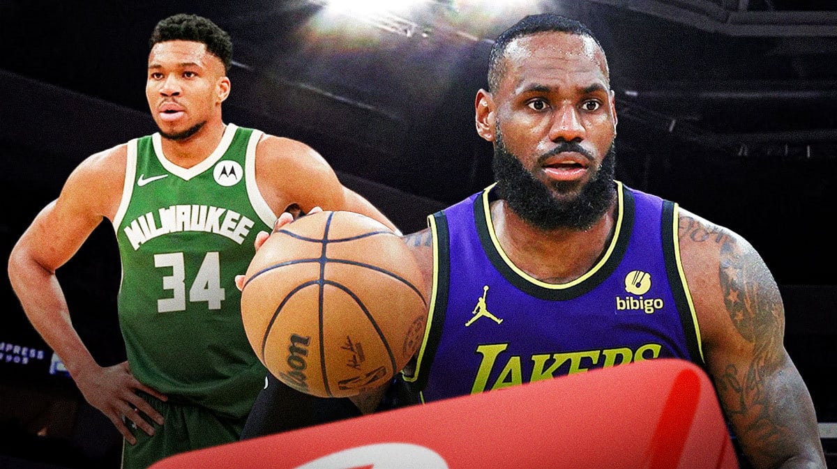 Lakers' LeBron James next to Bucks' Giannis Antetokounmpo
