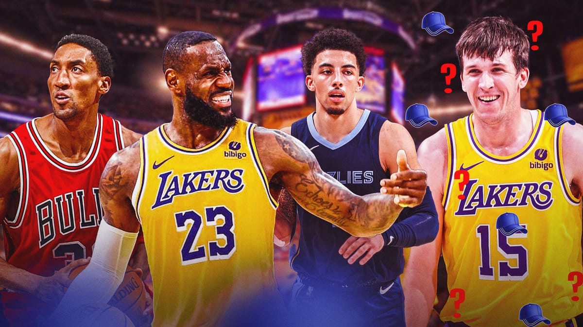 Lakers' LeBron James hyped up, with Bulls' Scottie Pippen (2003 version) and Grizzlies' Scotty Pippen Jr. beside James, with Austin Reaves smiling at LeBron, with plenty of caps and question marks all over Reaves