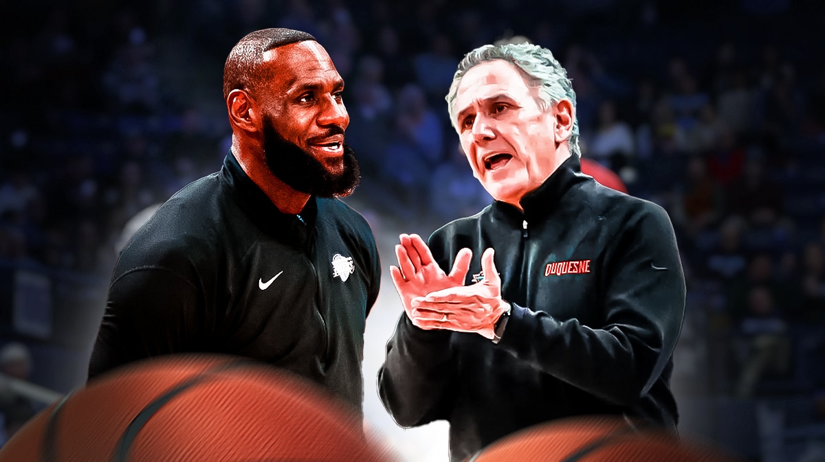 Duquesne basketball coach Keith Dambrot on right, LeBron James on the left.