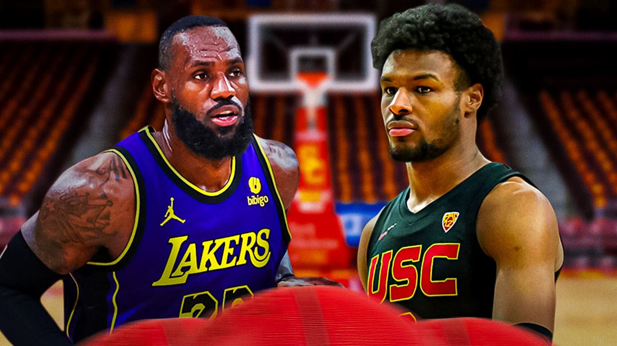 LeBron James, Bronny James, USC basketball, Trojans, Bronny James USC, LeBron James and Bronny James with USC basketball arena in the background