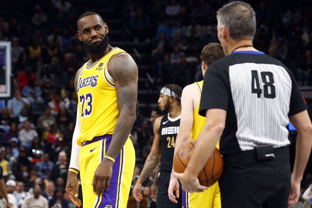  Los Angeles Lakers forward LeBron James (23) reacts toward an official during the second half against the Memphis Grizzlies at FedExForum. 