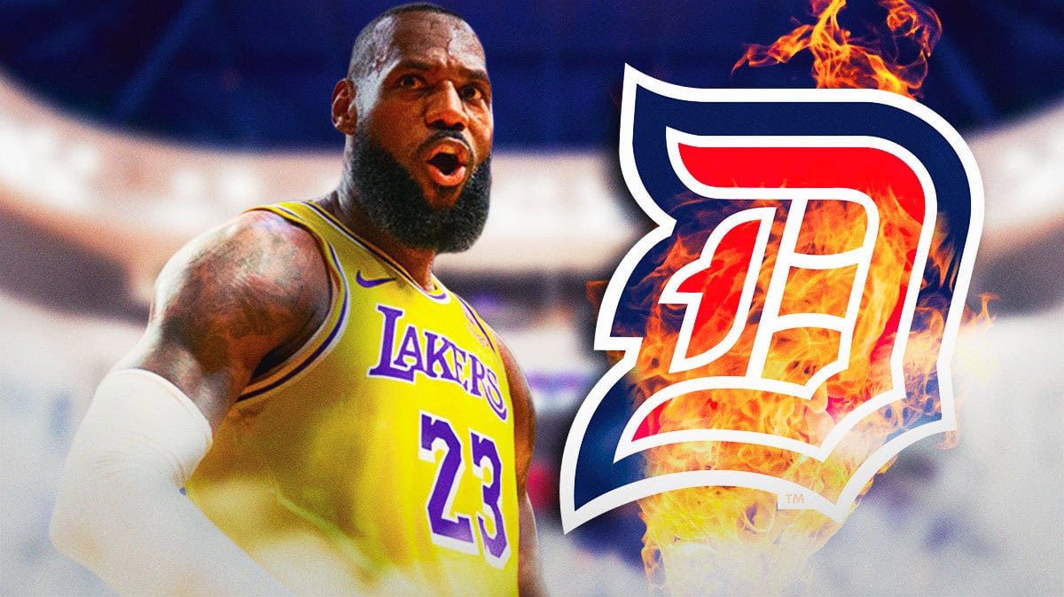 LeBron James stands next to Duquesne basketball logo after BYU March Madness win