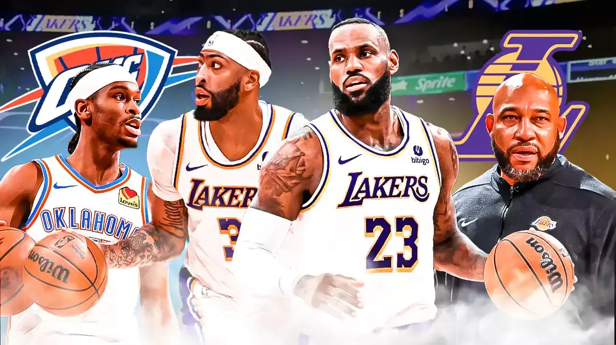 Thunder's Shai Gilgeous-Alexander next to Lakers' LeBron James, Anthony Davis and Darvin Ham