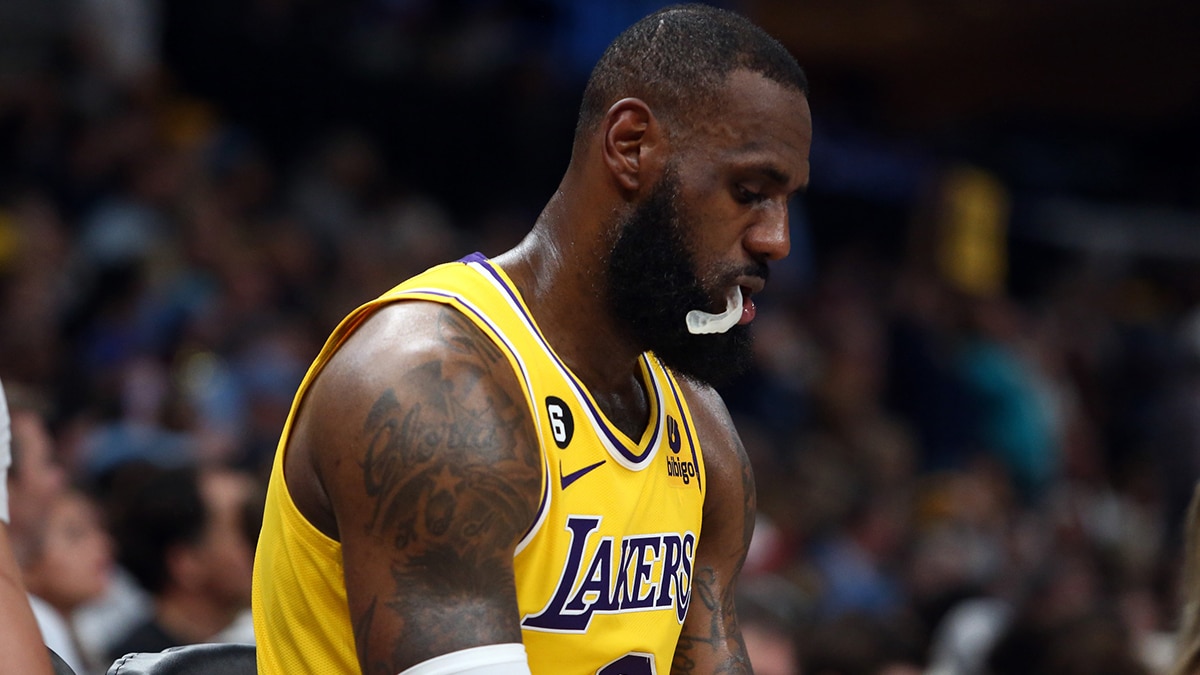 Los Angeles Lakers forward LeBron James (6) sits on the bench during a timeout during the second half against the Memphis Grizzlies during game five of the 2023 NBA playoffs at FedExForum. 