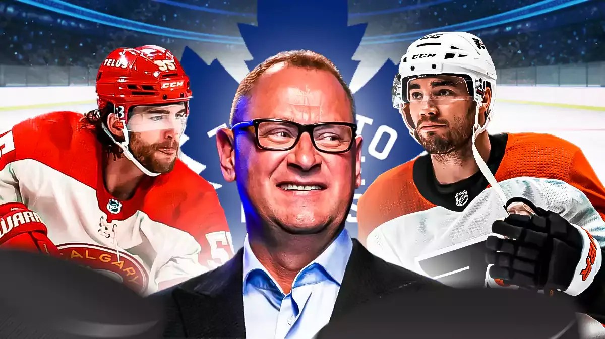 Brad Treliving in middle of image looking hopeful, Noah Hanifin and Sean Walker on either side, TOR Maple Leafs logo, hockey rink in background