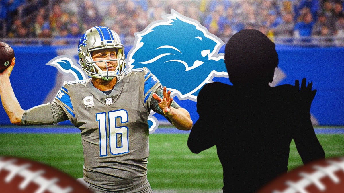 Lions' Jared Goff throwing the ball at a silhouette WR