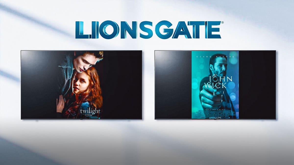 Twilight and John Wick posters inside TVs, Lionsgate logo