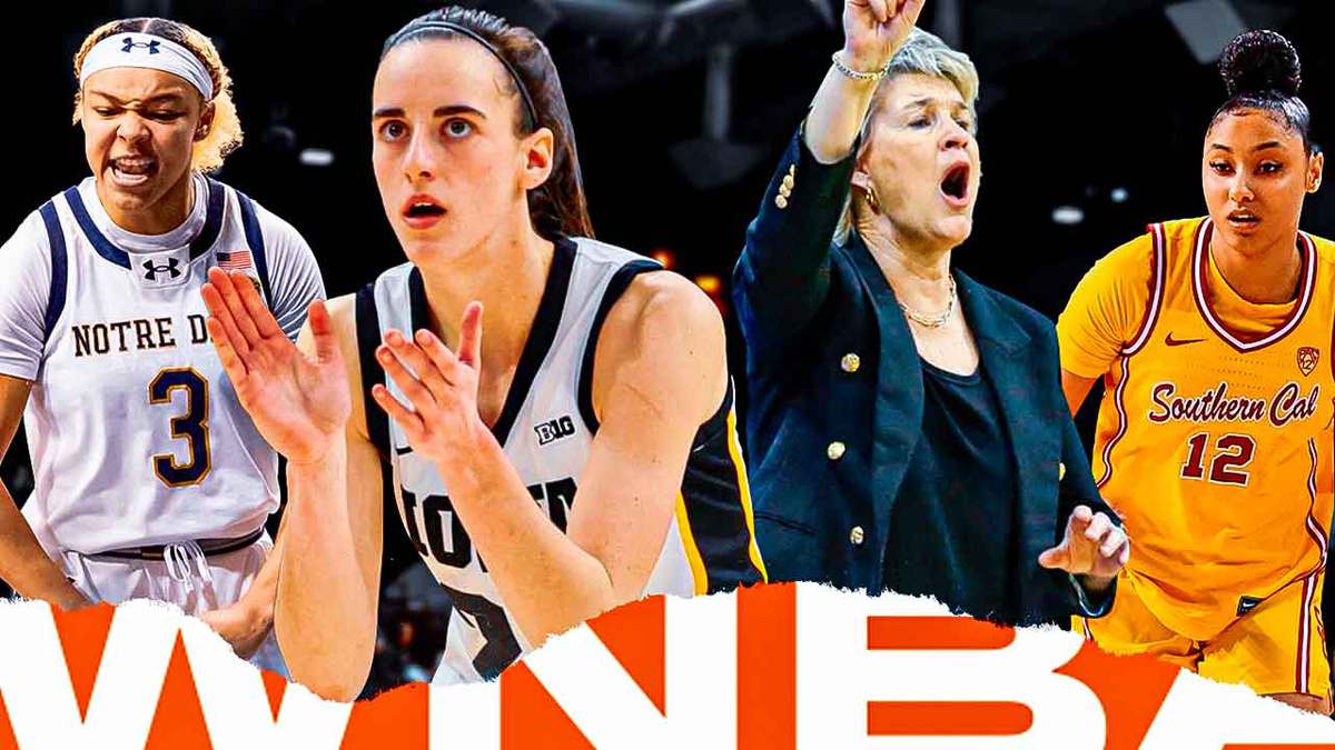 Iowa women’s basketball Caitlin Clark and Iowa women’s basketball coach Lisa Bluder in the center, with USC women’s basketball player JuJu Watkins on one side and Notre Dame women’s basketball player Hannah Hidalgo on the other side.
