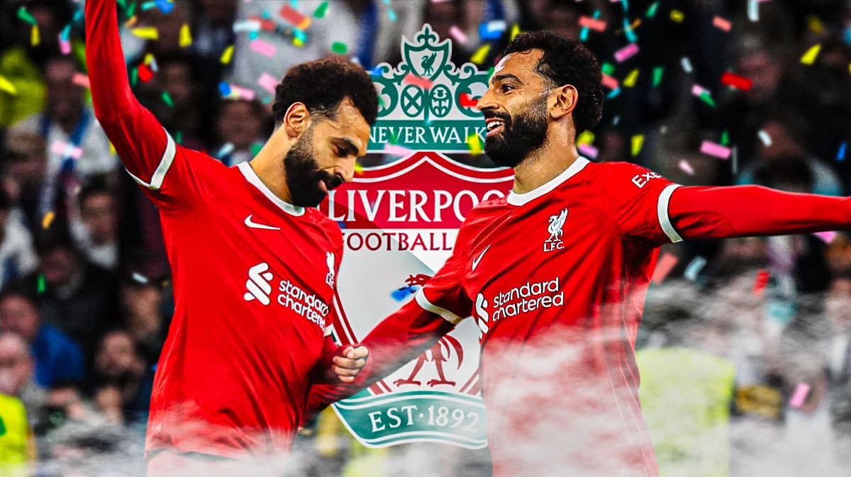 Multiple images of Mohamed Salah celebrating in front of the Liverpool logo