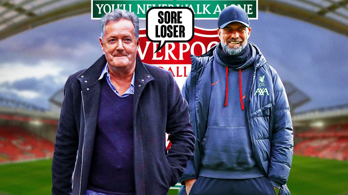 Piers Morgan saying: ‘Sore Loser’ next to Jurgen Klopp, the Liverpool logo behind them