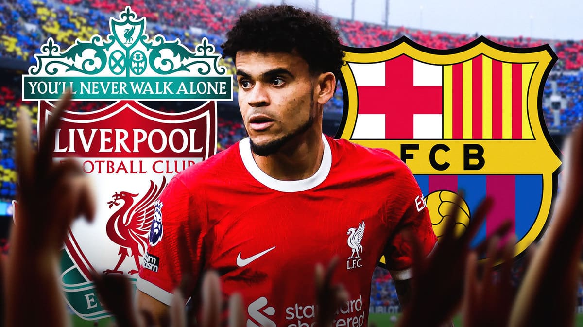 Luis Diaz in front of the Liverpool and Barcelona logos