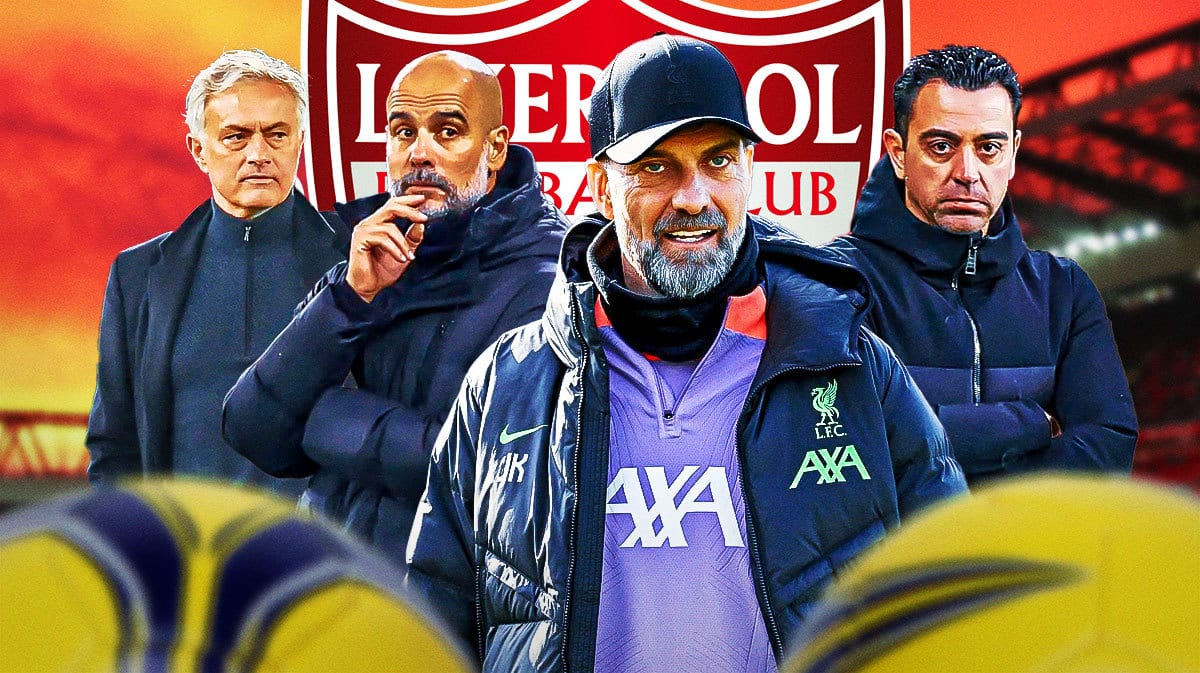 Jurgen Klopp in the middle, Pep Guardiola, Xavi Hernandez, Jose Mourinho, around him, the Liverpool logo at the back