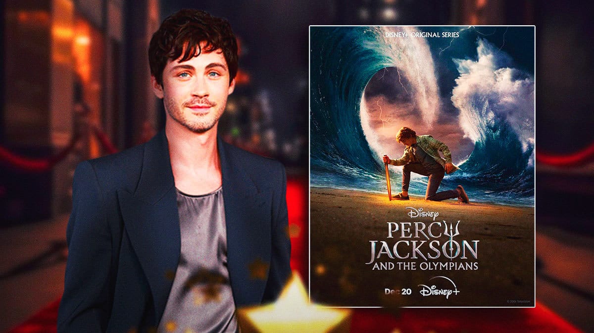 Logan Lerman next to Disney+'s Percy Jackson and the Olympians poster.