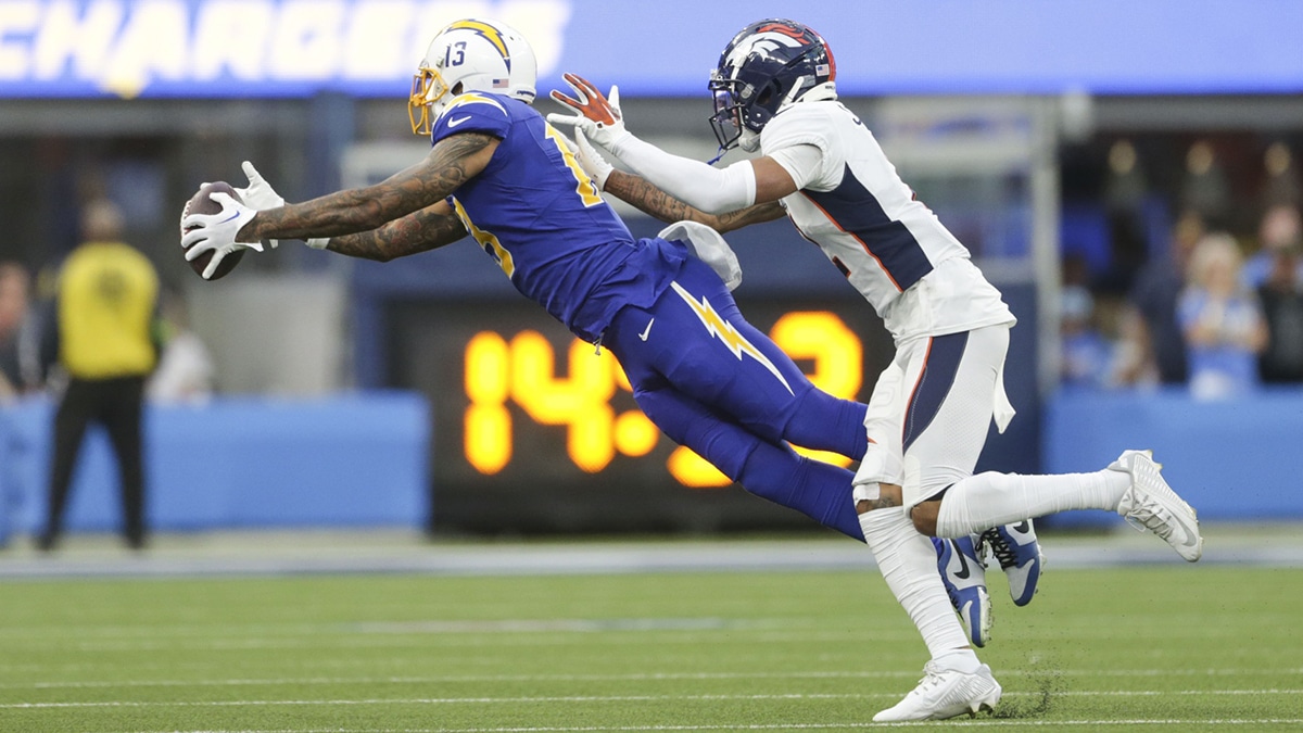 Dec 10, 2023; Inglewood, California, USA; Los Angeles Chargers wide receiver Keenan Allen (13) catches the ball during the second half in a game against the Denver Broncos at SoFi Stadium. Mandatory Credit: Yannick Peterhans-USA TODAY Sports