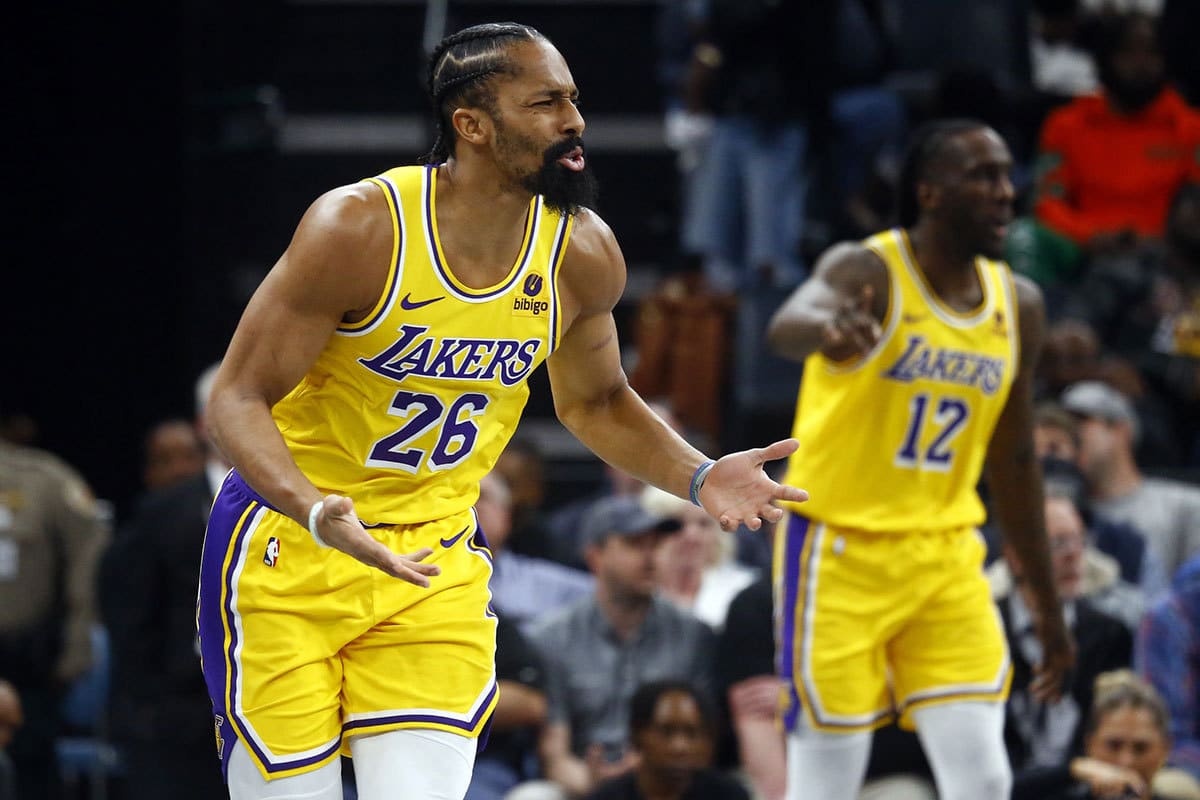 Los Angeles Lakers guard Spencer Dinwiddie (26) reacts during the second half against the Memphis Grizzlies