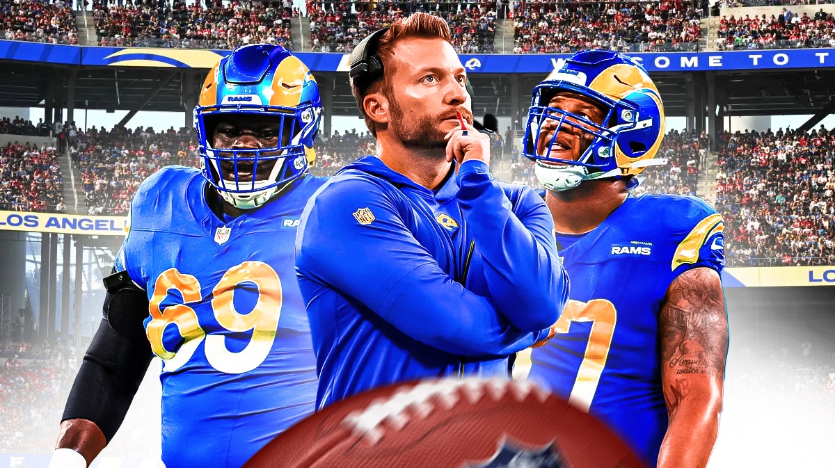 Rams Sean McVay with Matthew Stafford linemen Kevin Dotson and Alaric Jackson