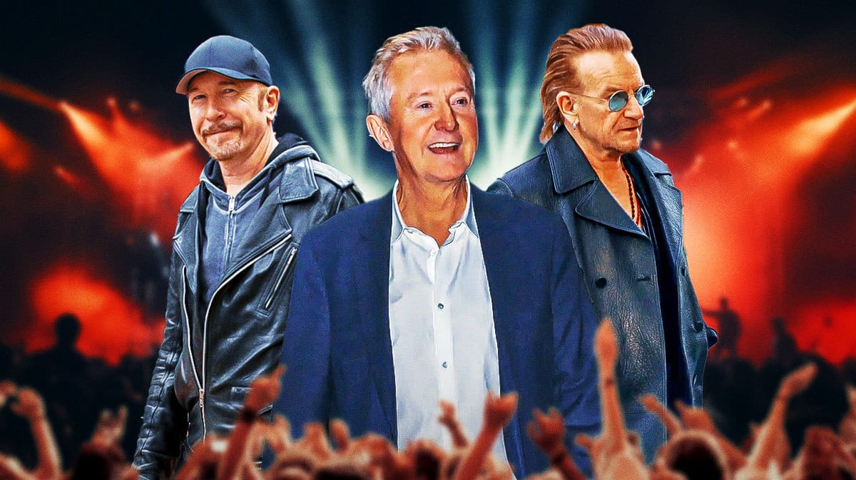 Louis Walsh between U2 members The Edge and Bono.