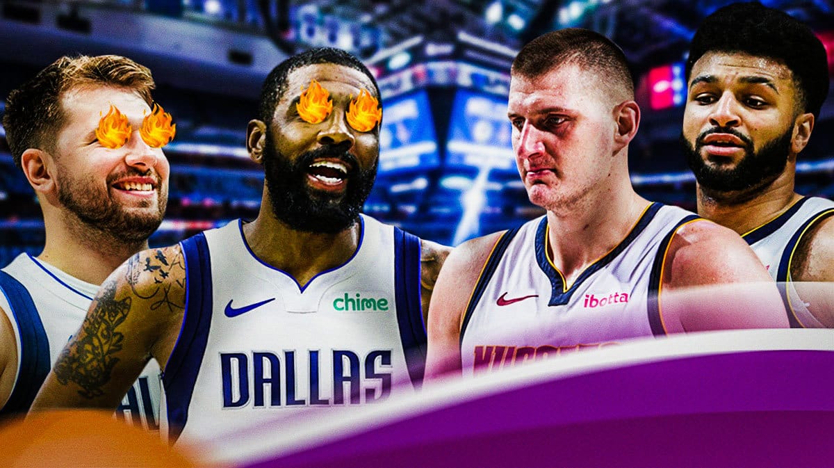 Mavericks' Luka Doncic, Mavericks' Kyrie Irving with fire in eyes. Nuggets' Nikola Jokic, Nuggets' Jamal Murray looking serious.