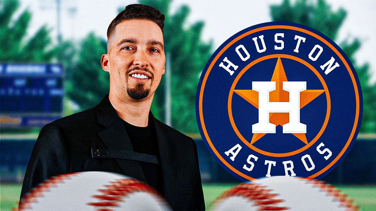 Blake Snell with Astros logo in the background.