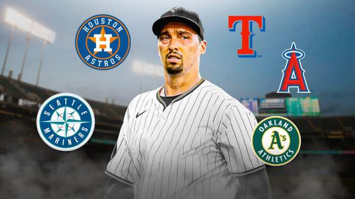 Blake Snell wearing a blank uniform, with the logos of Houston Astros, Texas Rangers, Seattle Mariners, Los Angeles Angels, and Oakland Athletics beside Snell