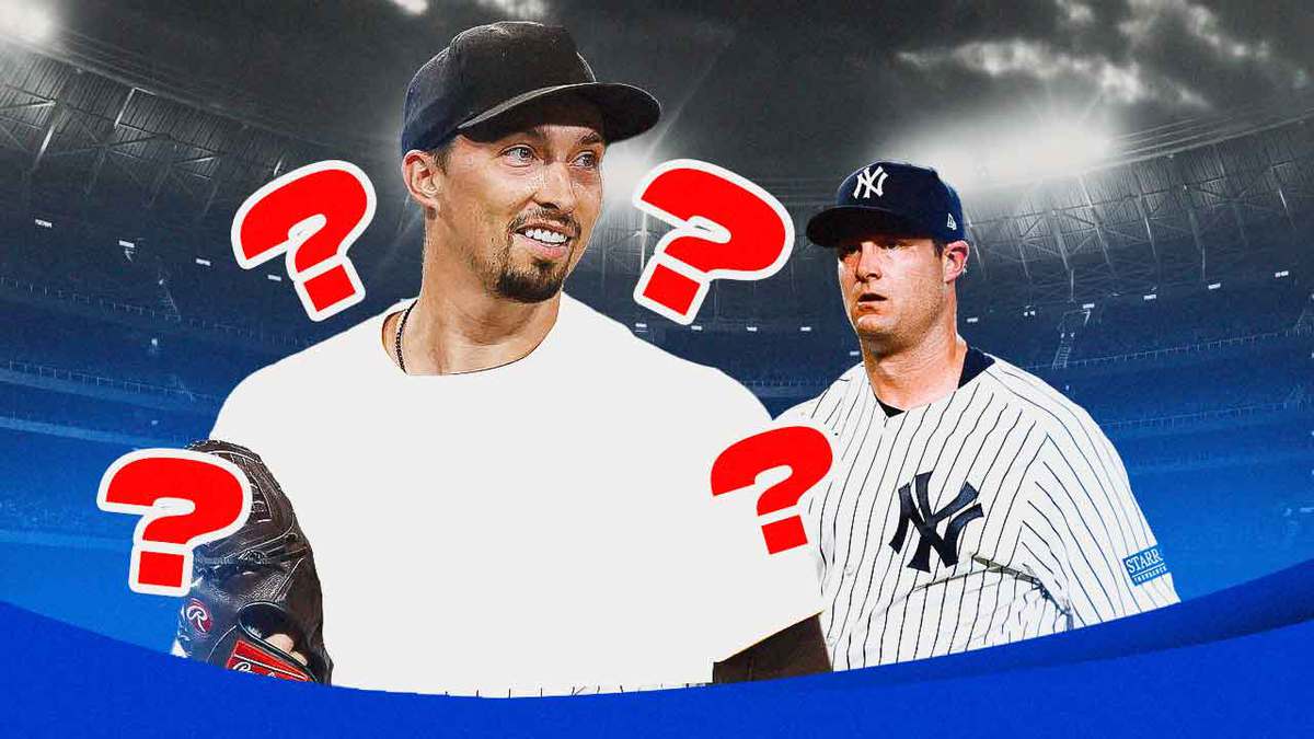 Blake Snell wearing a blank uniform, with Yankees' Gerrit Cole looking at him with question marks all over Snell