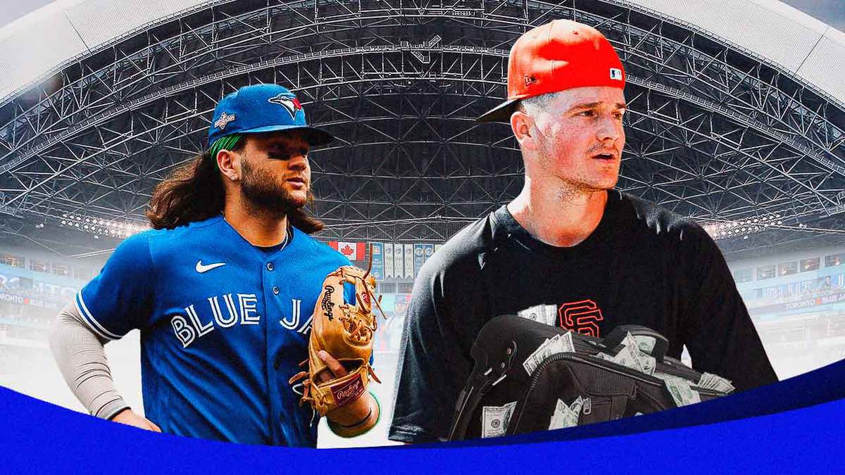 Matt Chapman holding big money bags in a Giants uniform, with Blue Jays' Bo Bichette looking at Chapman with question marks around him