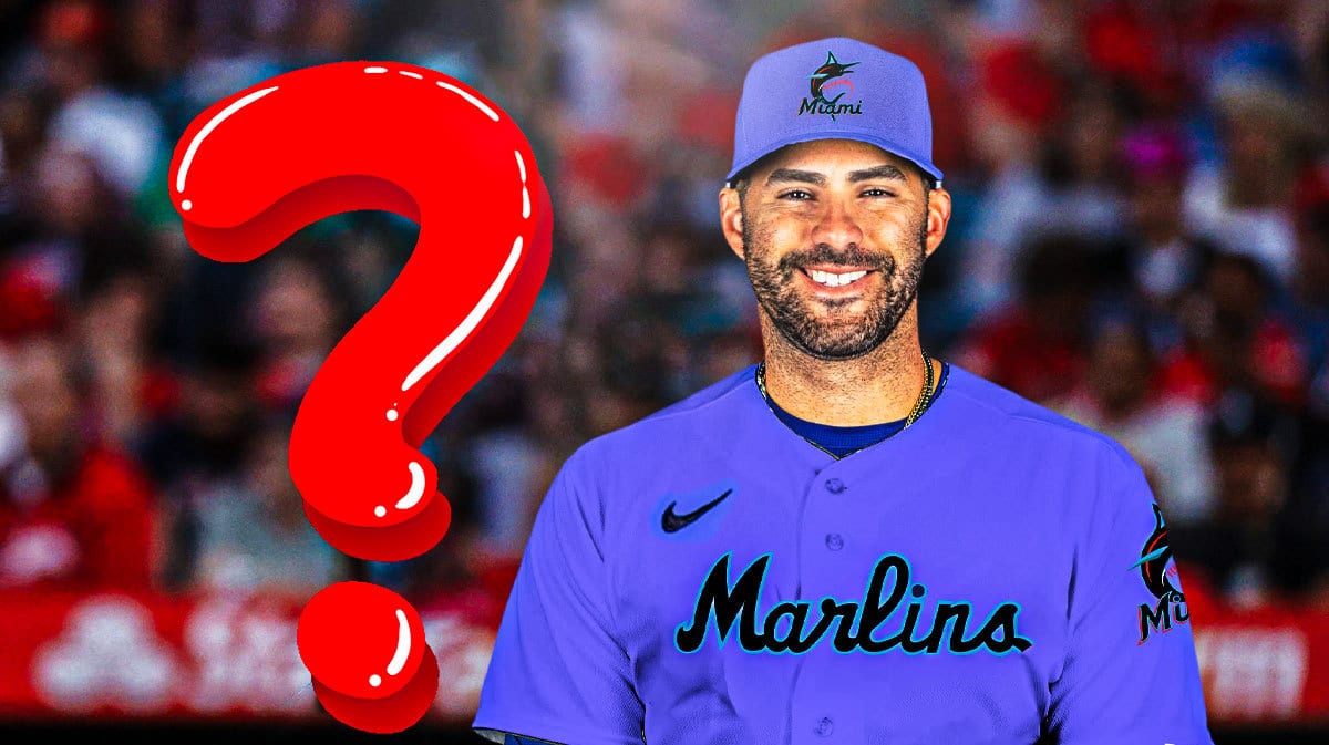 JD Martinez in a Marlins uniform on right. Question mark on left.