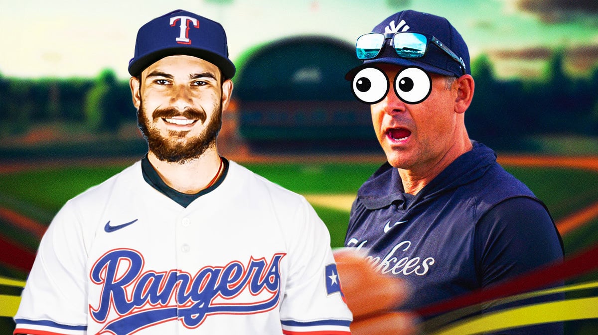 Dylan Cease in a Rangers jersey with Yankees' Aaron Boone looking at him