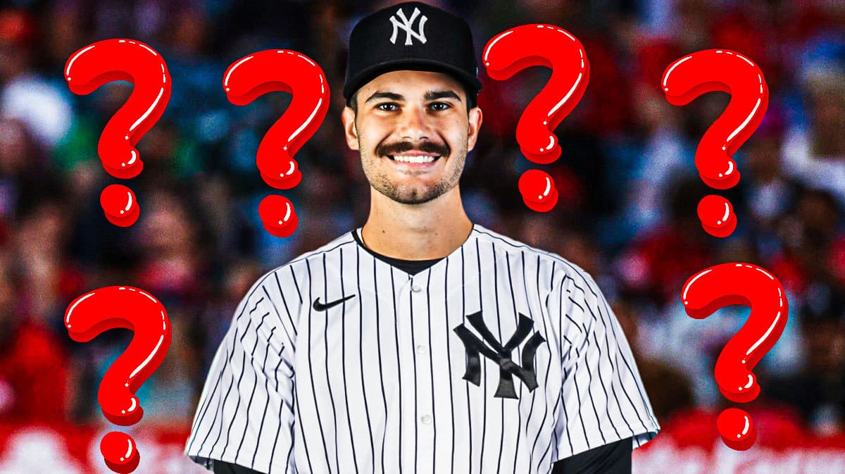 Dylan Ceace in a Yankees uniform. question marks around him