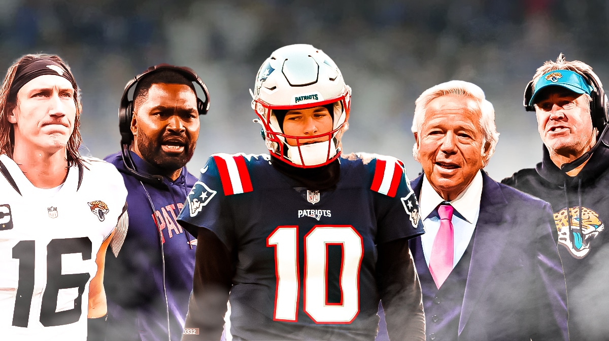 Mac Jones in between Jerod Mayo, Trevor Lawrence, Robert Kraft and Doug Pederson