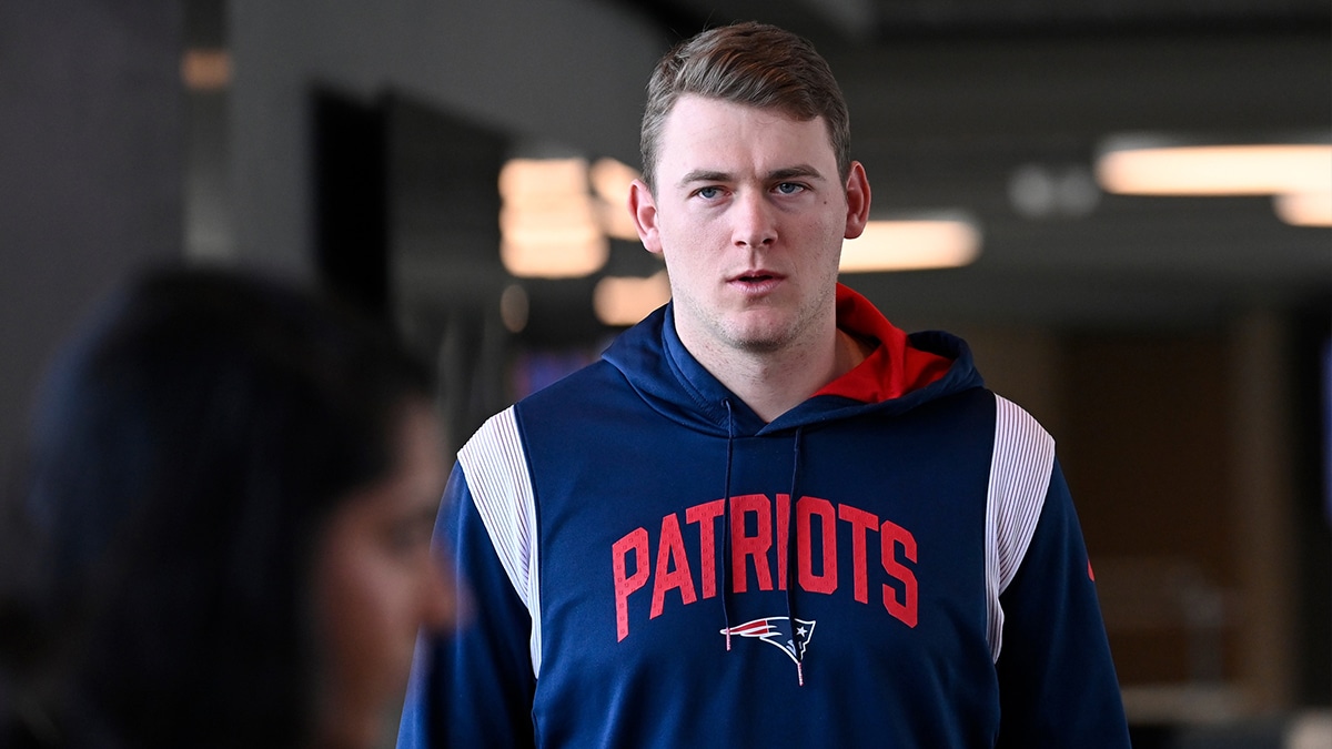 New England Patriots quarterback Mac Jones (10) arrives to a press conference held at Gillette Stadium to announce the team's hiring of new head coach Jerod Mayo (not pictured).
