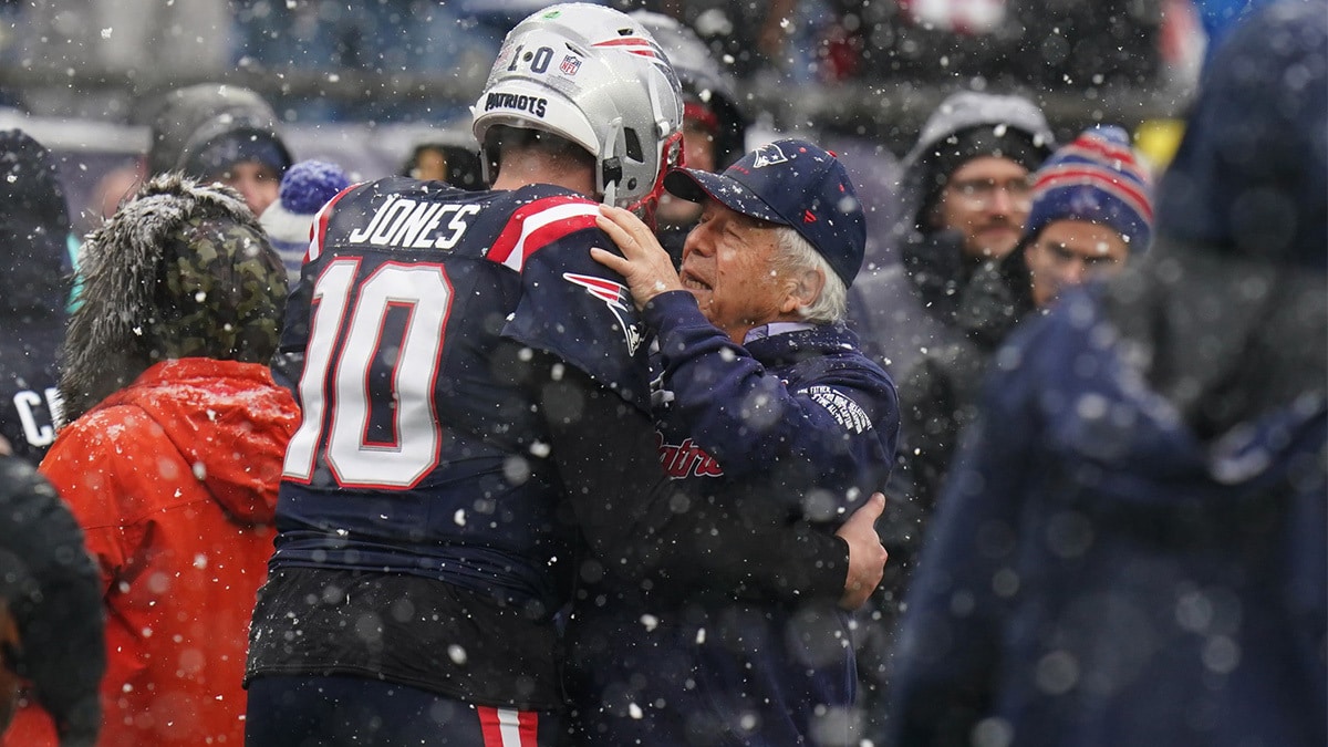 New England Patriots owner Robert Kraft greets quarterback Mac Jones (10) after warm up before the start of the game against the New York Jets at Gillette Stadium. 