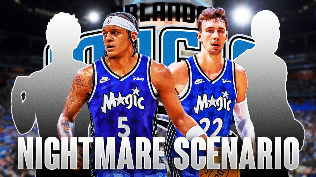 Paolo Banchero, Franz Wagner on one side, Two mystery players on the other side, and Orlando Magic wallpaper in the background.