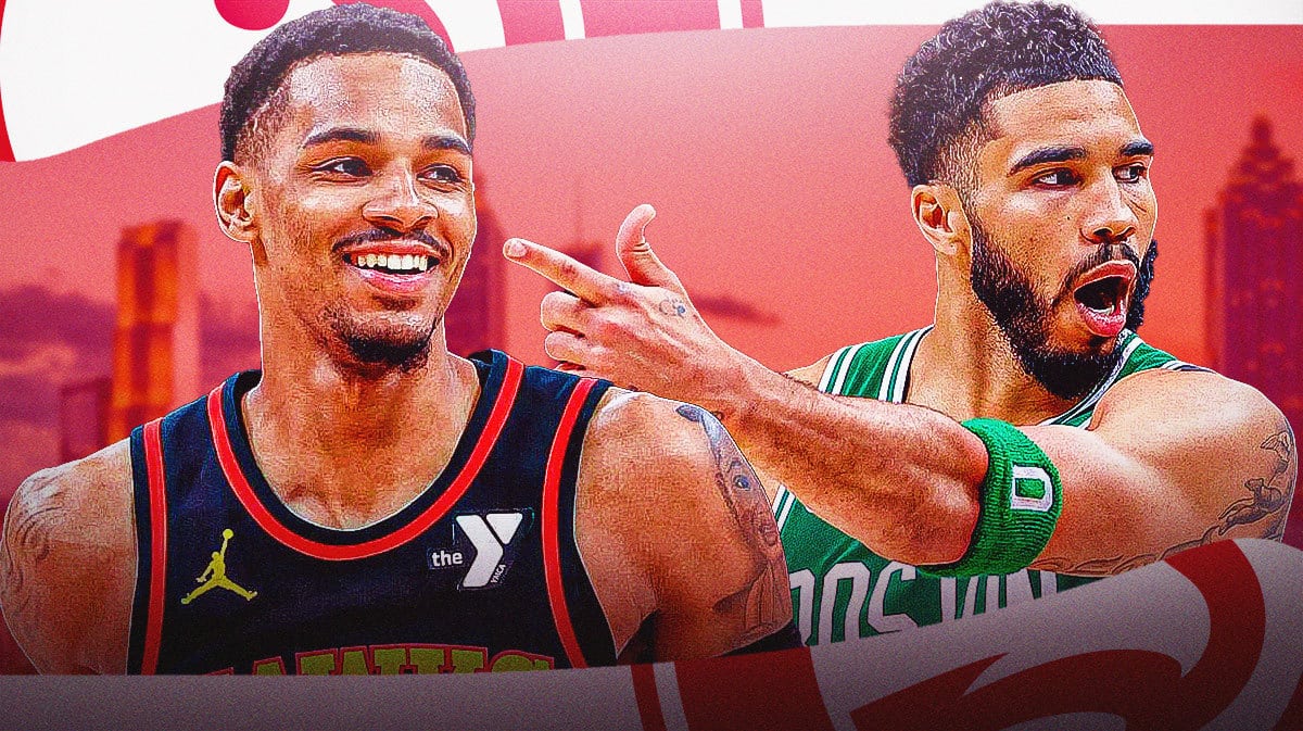 Celtics Jayson Tatum pointing at Hawks Dejounte Murray