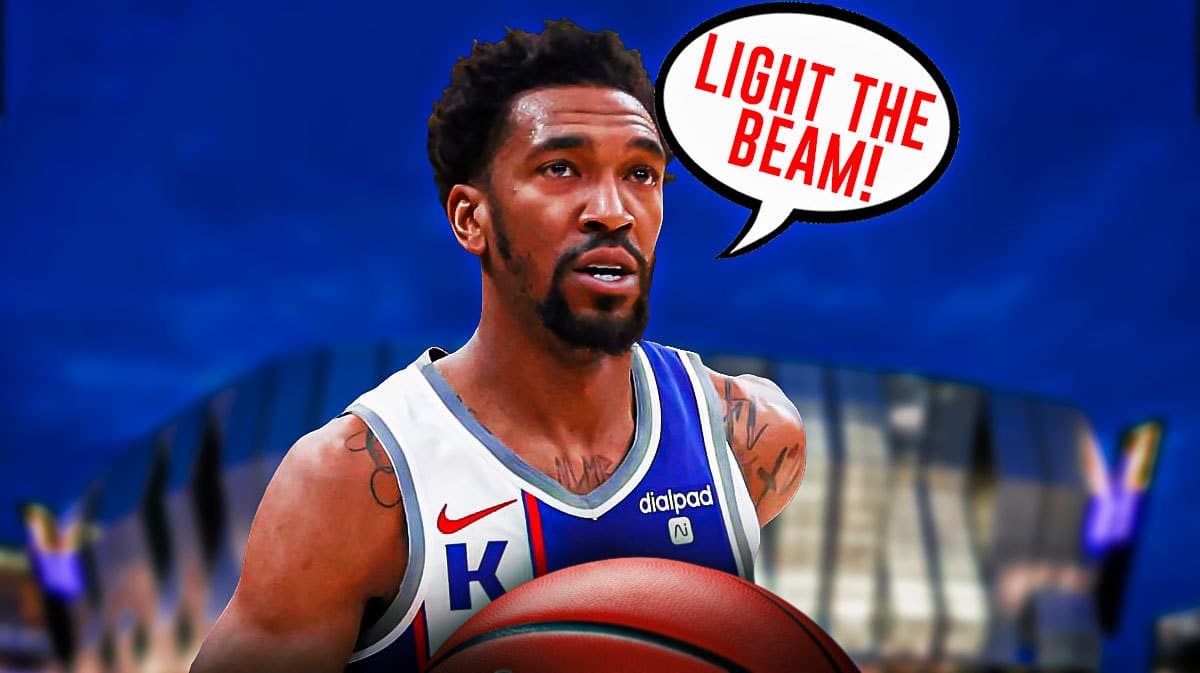 Kings' Malik Monk saying "Light the Beam" with Golden 1 Center in background