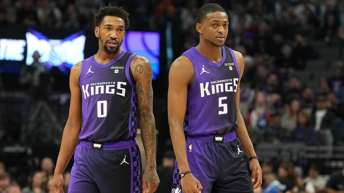 Sacramento Kings guards Malik Monk (0) and De'Aaron Fox (5) during the first quarter against the Houston Rockets at Golden 1 Center.