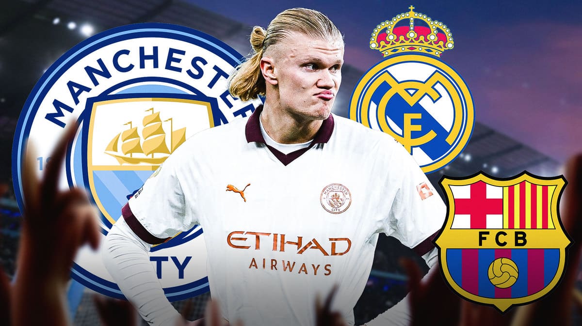 Erling Haaland in front of the Manchester City logo, the Real Madrid, Barcelona logos on the sides