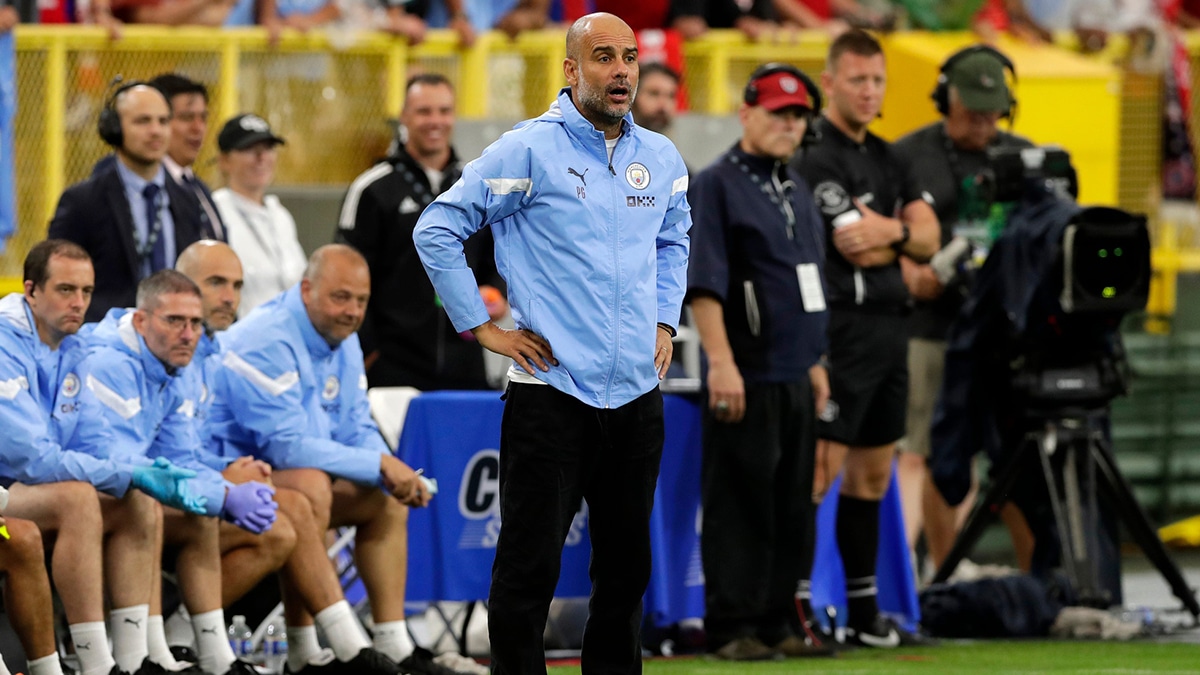 Manchester City manager Pep Guardiola watches a play during the team's exhibition match against FC Bayern Munich at Lambeau Field 